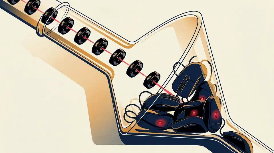 Row of identical optical sensor modules sliding down a glass funnel into a pile of black gaming mice with glowing red sensor windows