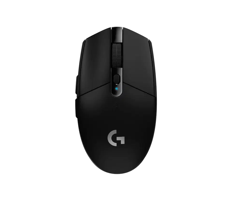 Logitech G305 Lightspeed wireless gaming mouse in black, shown from a three-quarter front angle with its side buttons and scroll wheel visible