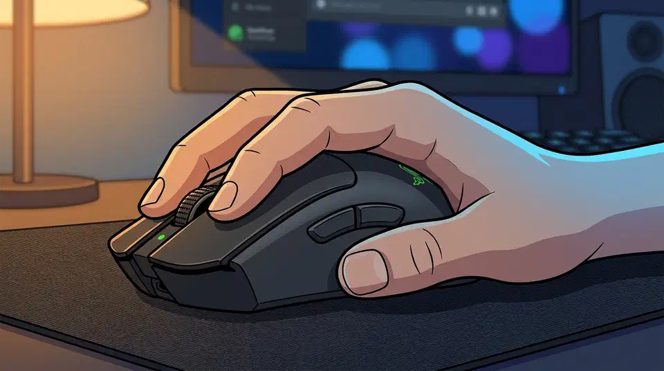 Black Razer DeathAdder V3 HyperSpeed mouse under a hand on a desk mat beside a glowing monitor