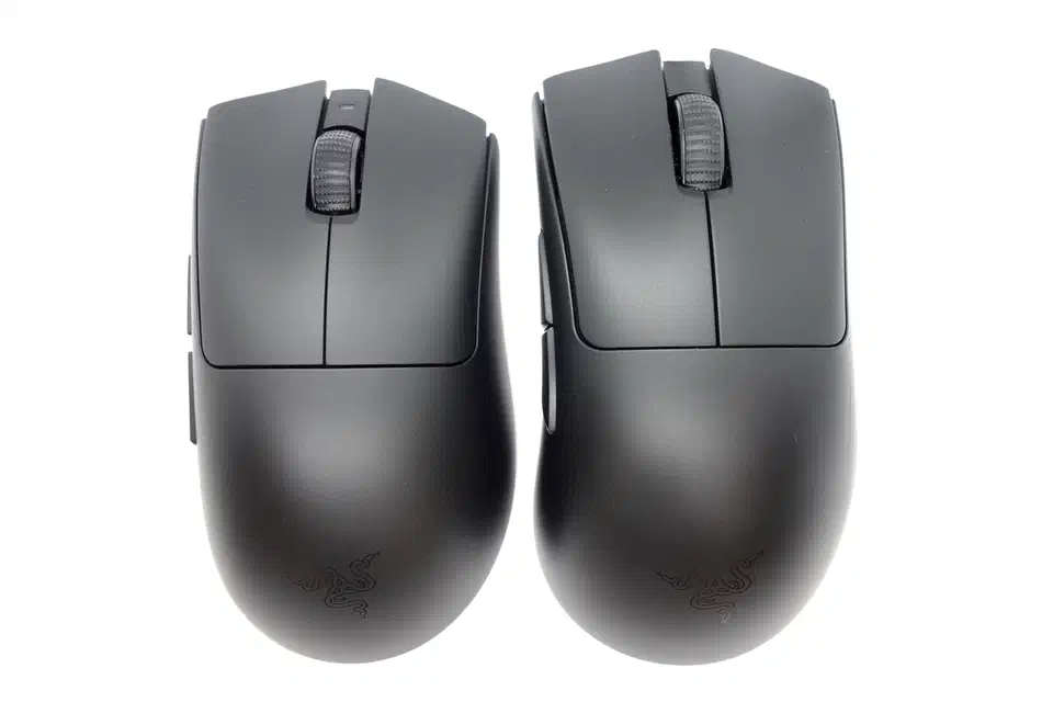 Top-down view of two black Razer mice side by side, the HyperSpeed visibly shorter and narrower than the DeathAdder V3