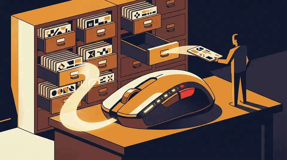 Gaming mouse on a desk beside a card-catalogue cabinet of vendor device files, one drawer empty, a glowing ribbon carrying a file to the mouse