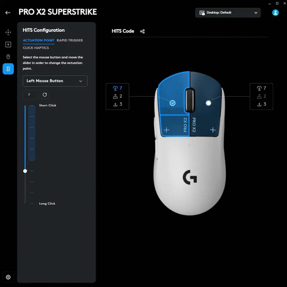 G Hub HITS panel with actuation and haptic level sliders
