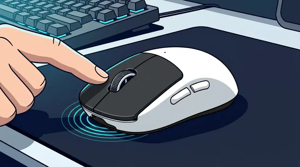 White Logitech G Pro X2 Superstrike mouse on a dark mousepad with a finger pressing the black left button and cyan ripples spreading beneath it