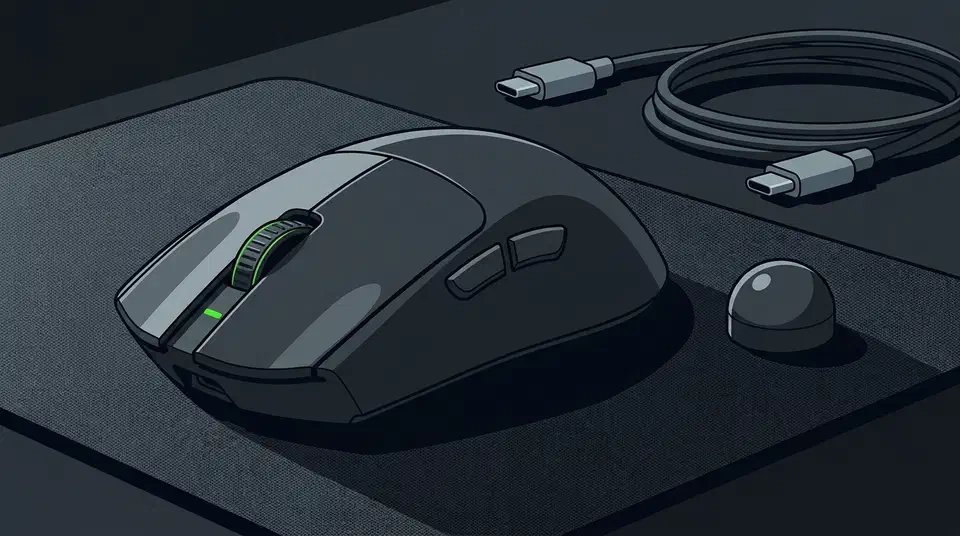 Matte black Razer Viper V4 Pro gaming mouse on a cloth mousepad beside its wireless dongle and a coiled USB-C cable