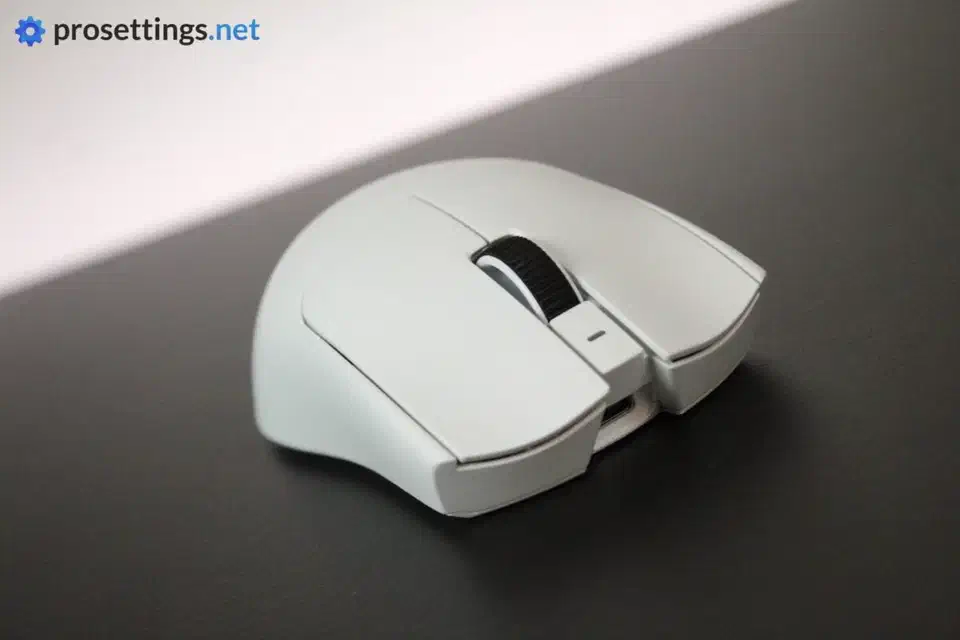 Close-up of the white Viper V4 Pro main click buttons and scroll wheel