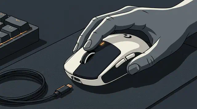 Logitech G Pro X2 Superstrike gaming mouse sitting on a desk mat beside a keyboard, with a fingertip resting on its left button
