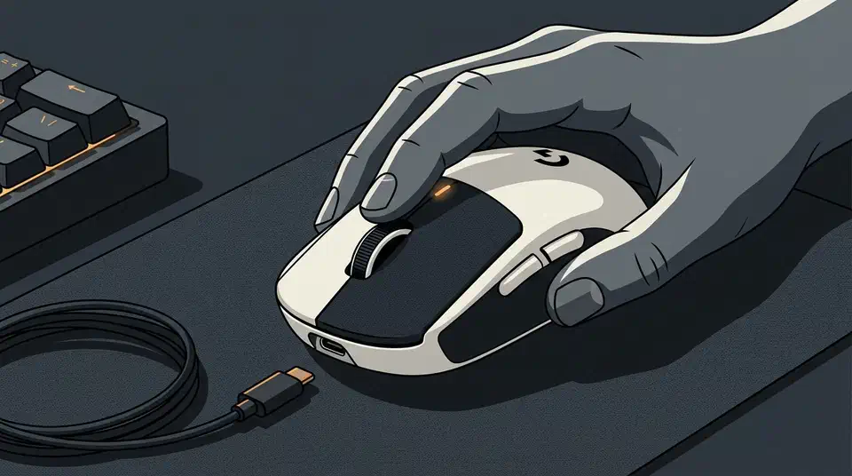 Superstrike unpowered buttons give no click at all. A graceful degradation test, run across the 2026 flagship mice, with a pass or fail per device. Logitech G Pro X2 Superstrike gaming mouse sitting on a desk mat beside a keyboard, with a fingertip resting on its left button