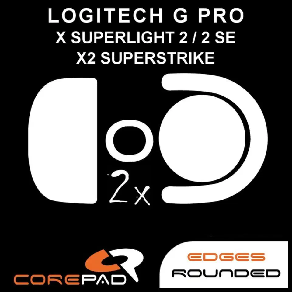 Corepad Skatez PRO replacement set showing white PTFE skate shapes cut for the Logitech G Pro X Superlight 2 and X2 Superstrike, two applications per pack