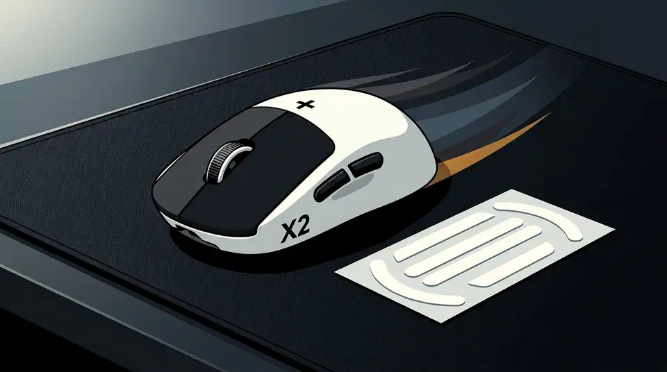 White Logitech G Pro X2 Superstrike mouse gliding across a dark cloth mousepad beside a sheet of replacement PTFE skates
