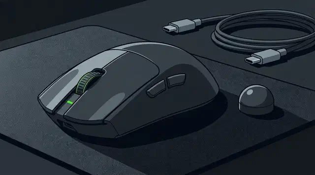 Matte black Razer Viper V4 Pro gaming mouse on a cloth mousepad beside its wireless dongle and a coiled USB-C cable