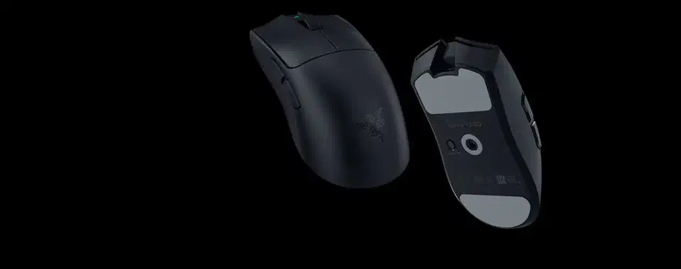Matte black Razer Viper V4 Pro shown from the top and from the underside, with its ambidextrous shell, side buttons and large white PTFE feet