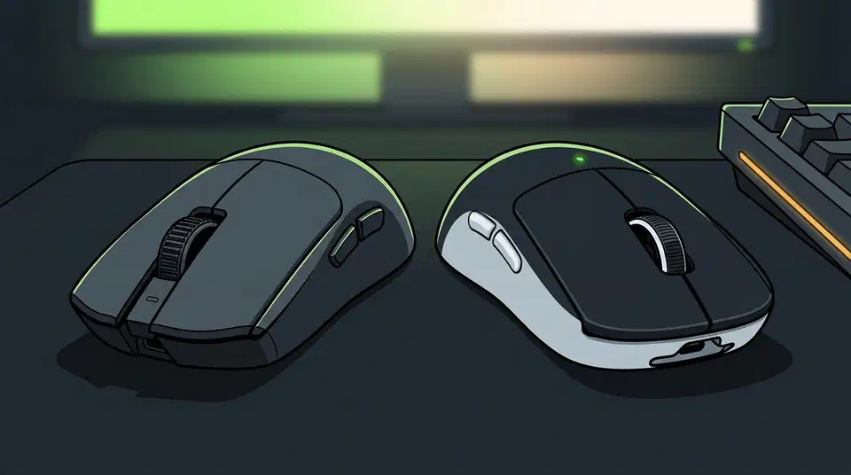 Black Razer Viper V4 Pro and white Logitech G Pro X2 Superstrike side by side on a dark desk mat beside a keyboard