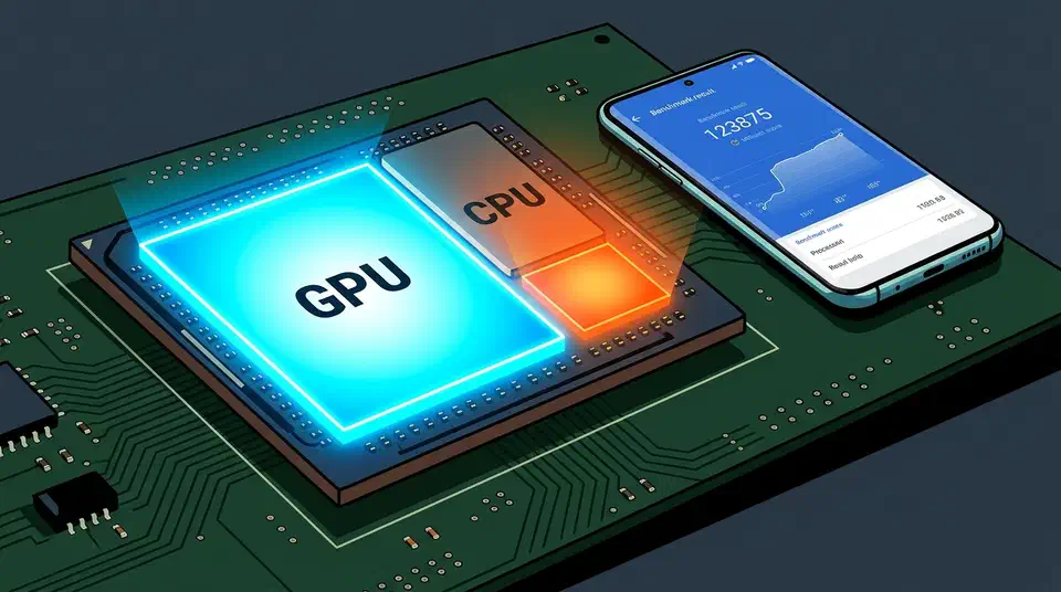 Illustrated smartphone chip on a circuit board with a large glowing GPU section outshining a smaller CPU section, beside a phone showing a benchmark screen.