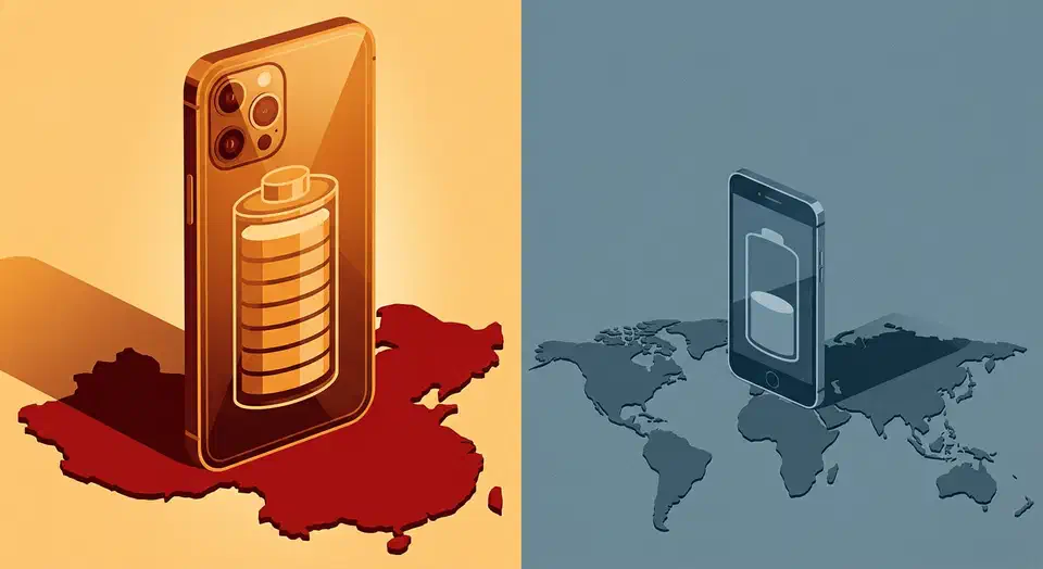 A large amber smartphone with a full battery over a red China map beside a smaller phone with a half battery over a blue world map