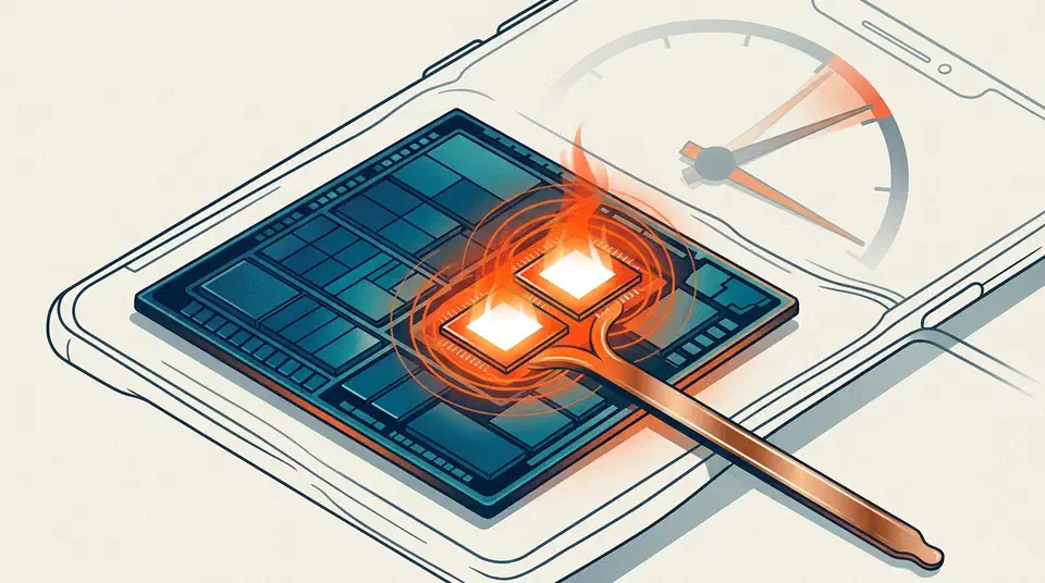 Smartphone chip with two processor cores glowing white-hot and radiating heat while the rest of the die stays cool
