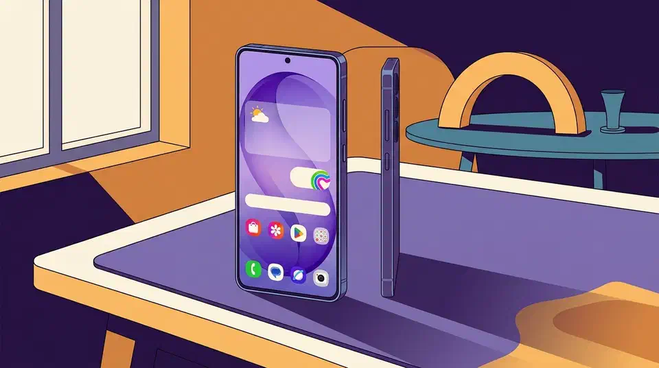 Two Galaxy S26 Ultra phones on a desk, one screen-on and one edge-on showing its thin side profile