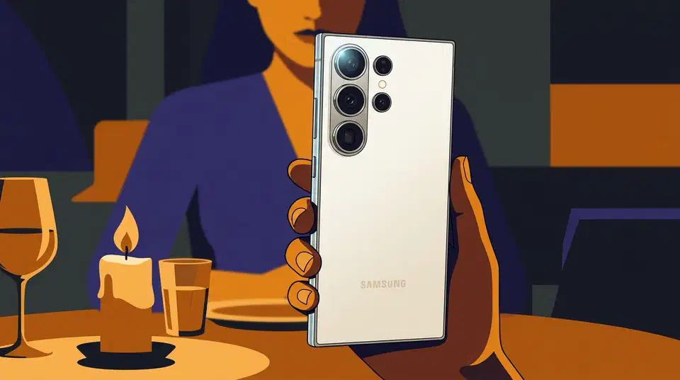 White Galaxy S26 Ultra held up in a candlelit restaurant, its three rear camera lenses facing the viewer