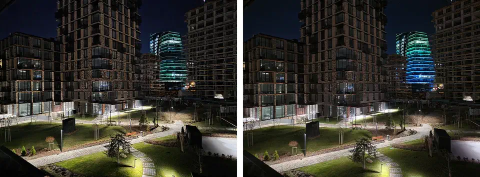 Same night courtyard shot twice, Galaxy S25 Ultra at ISO 2500 and 1/17s on the left, Galaxy S26 Ultra at ISO 800 and 1/9s on the right