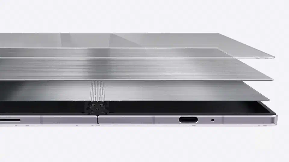 Exploded side view of the Galaxy Z Fold 8 display stack showing separate glass, titanium film and titanium plate layers floating above the folded phone body