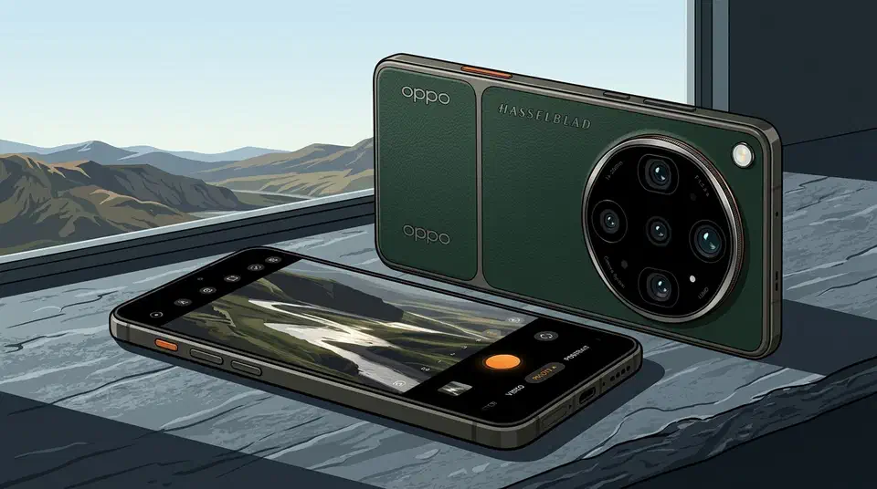 Two Oppo Find X9 Ultra phones on a stone windowsill, one showing its four-lens camera island, one showing the camera app over distant hills