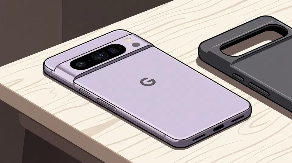 Lavender Google Pixel 11 lying face-down on a wood desk showing its full-width camera bar, with a black case beside it