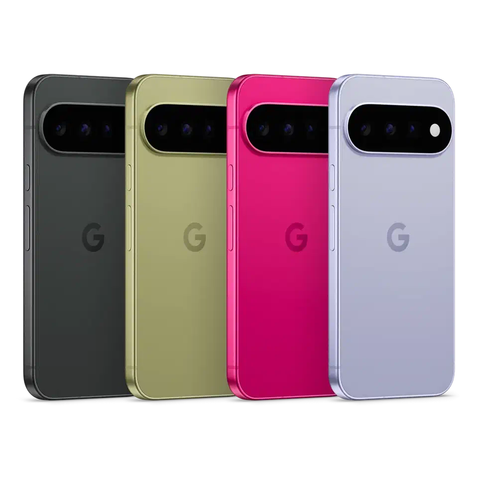 Google Pixel 11 backs in Obsidian, Pistachio, Hibiscus, and Frost, each with a blacked-out full-width camera bar