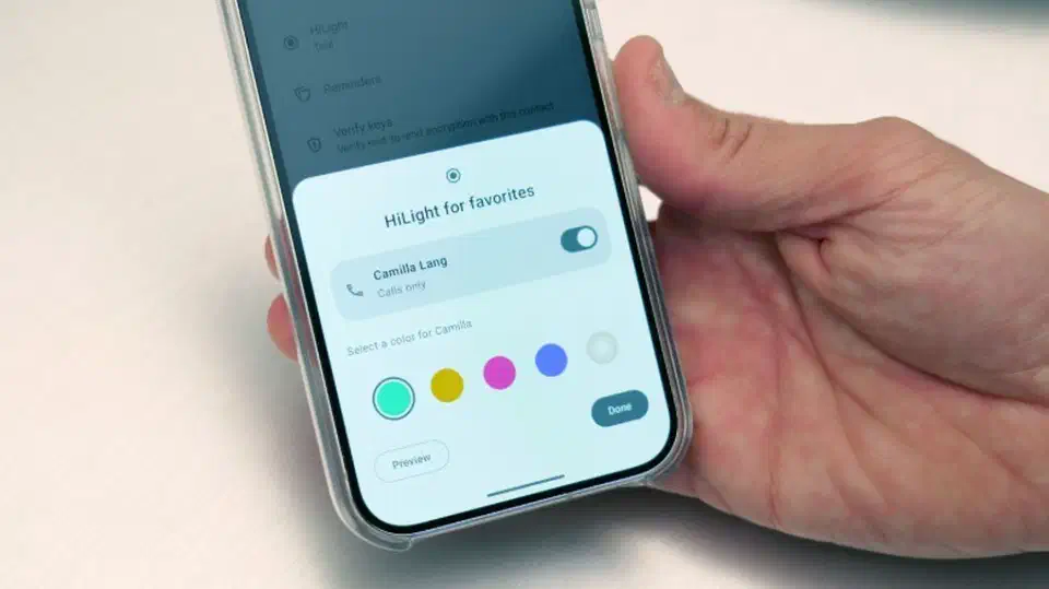 The HiLight settings menu on a Pixel 11 Pro showing color options you can assign to favorite contacts