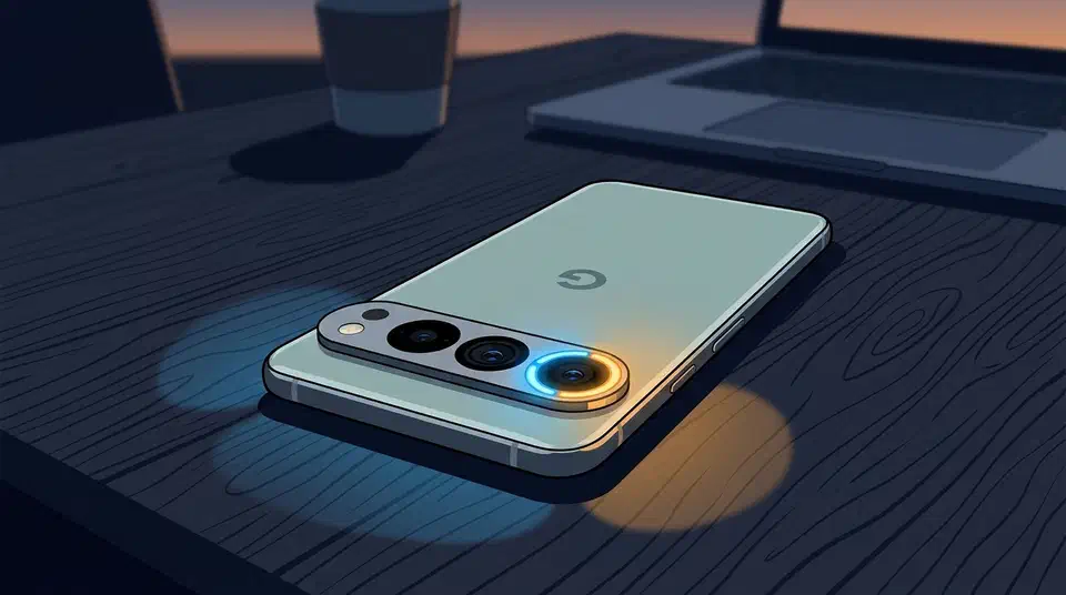 A Pixel 11 Pro lying face down on a desk with a glowing colored LED ring around its rear camera flash signaling a call