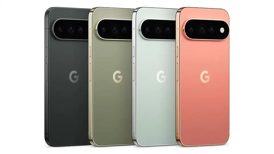 Four Pixel 11 Pro phones seen from the back in black, gold, mint, and coral, each with the wide horizontal rear camera bar