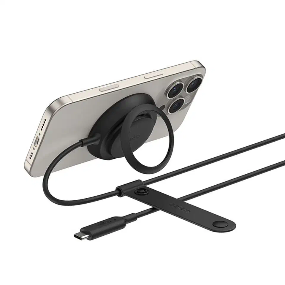 Belkin UltraCharge Magnetic Charger with Qi2 25W, a round black puck with a magnetic ring