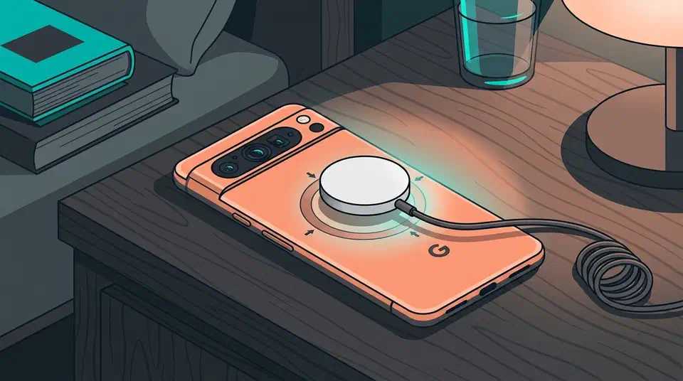Pixel 11 Pro in peach lying on a nightstand with a round magnetic wireless charging puck snapped onto its back panel