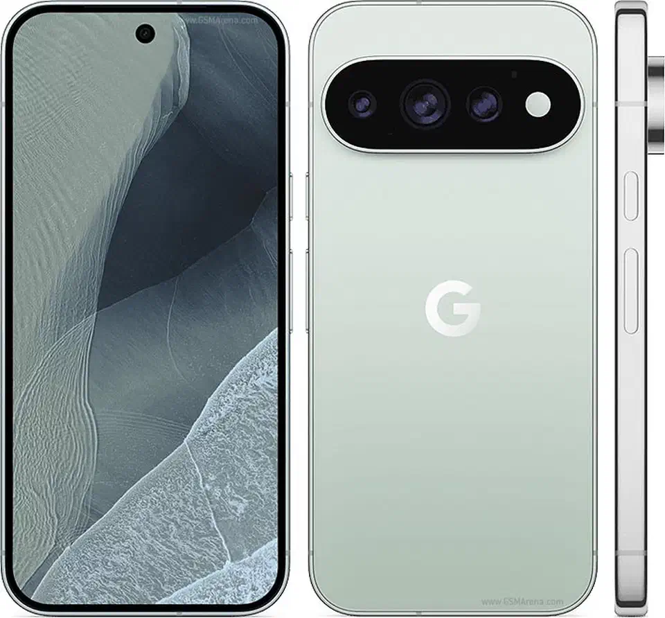 Google Pixel 11 Pro front, back and side views showing the OLED screen, rear camera bar and side profile in mint green