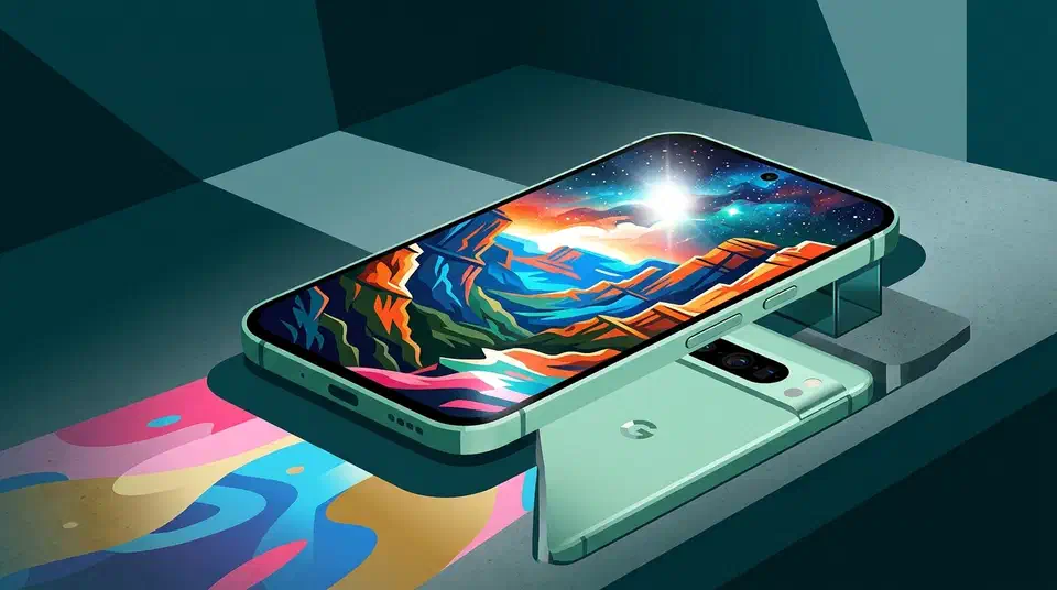 Google Pixel 11 Pro in mint green lying face-up on a desk with a vivid HDR landscape glowing on its bright screen, a second unit behind showing the rear camera bar.