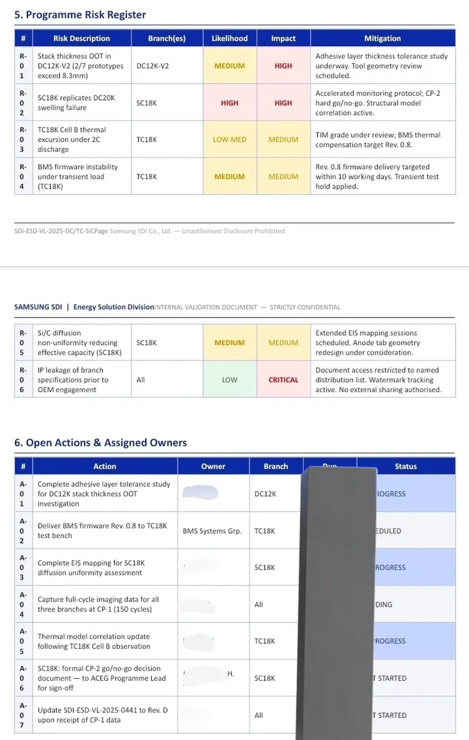 Leaked programme risk register rating stack thickness and cell swelling as high-impact risks on the DC12K and TC18K branches