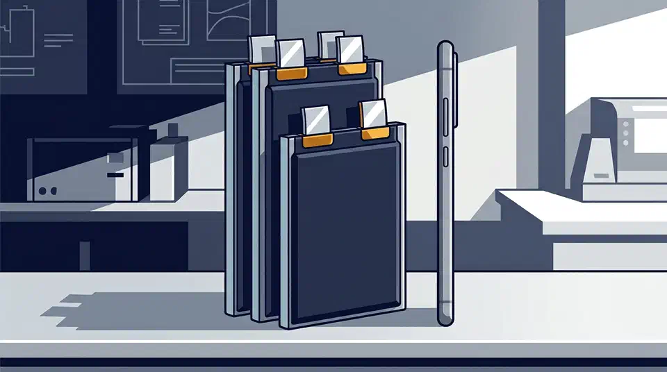 Three flat silicon-carbon battery cells layered together on a lab bench beside a much thinner smartphone seen edge-on