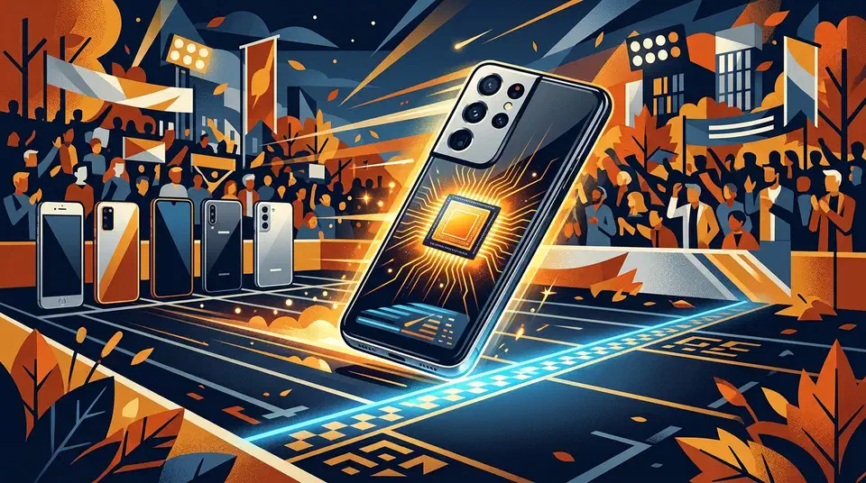 A flagship smartphone crossing a glowing starting line ahead of a queue of other phones, a bright chip on its back.