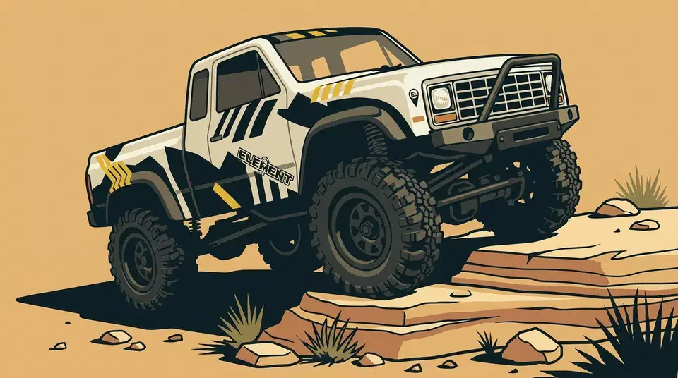 White and black Element Enduro24 Sendero micro RC trail truck climbing a layered sandstone ledge on a desert trail