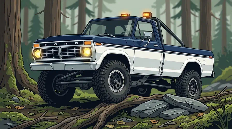 Navy and white FMS FCX18 II Ford F-100 RC crawler climbing over a tree root and slate rocks on a forest trail