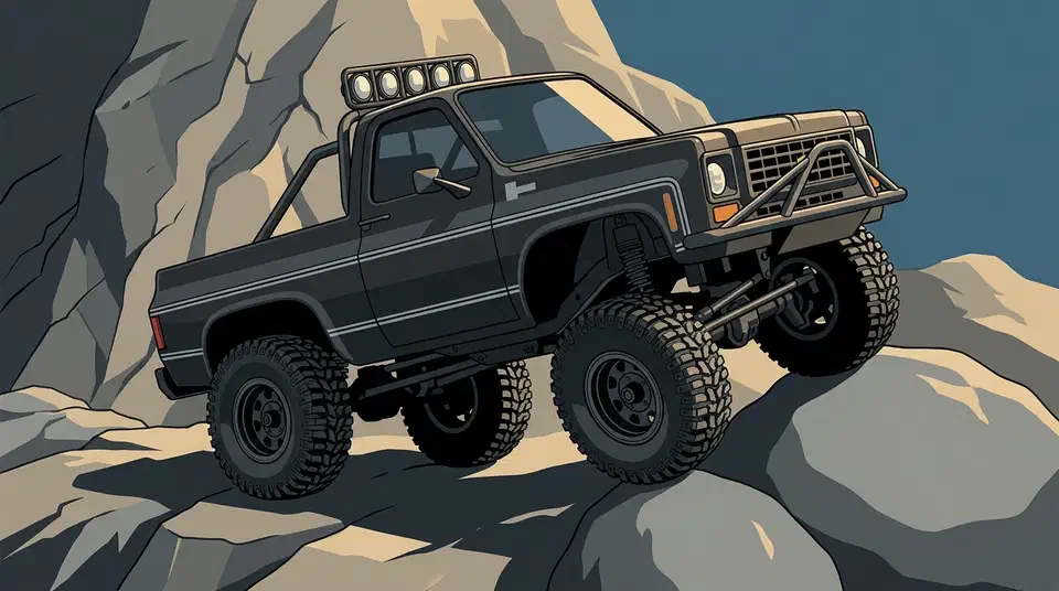 Matte-black FMS FCX24 K5 Blazer RC rock crawler climbing a grey and tan rock face, all four knobby tires gripping the stone