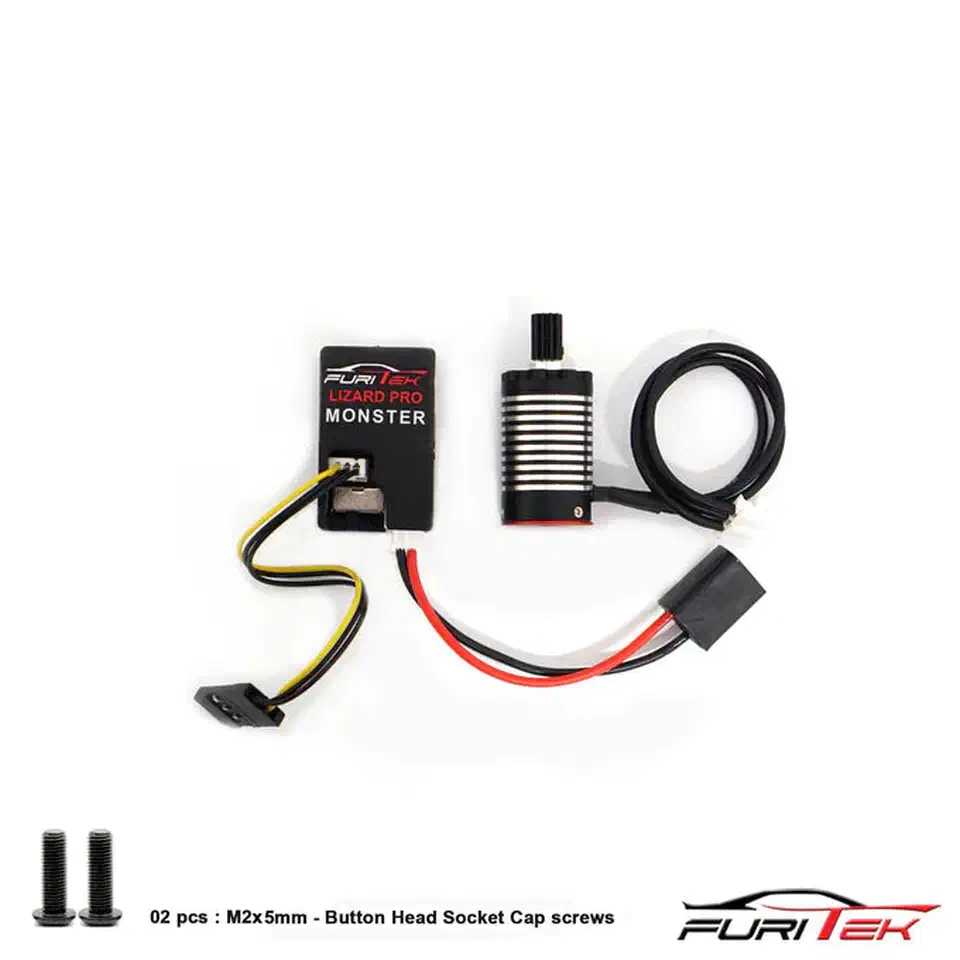 Furitek Monster combo contents: Lizard Pro Monster ESC board, Greyhound 1410 finned motor, three-wire servo lead, red and black battery leads and two M2 screws
