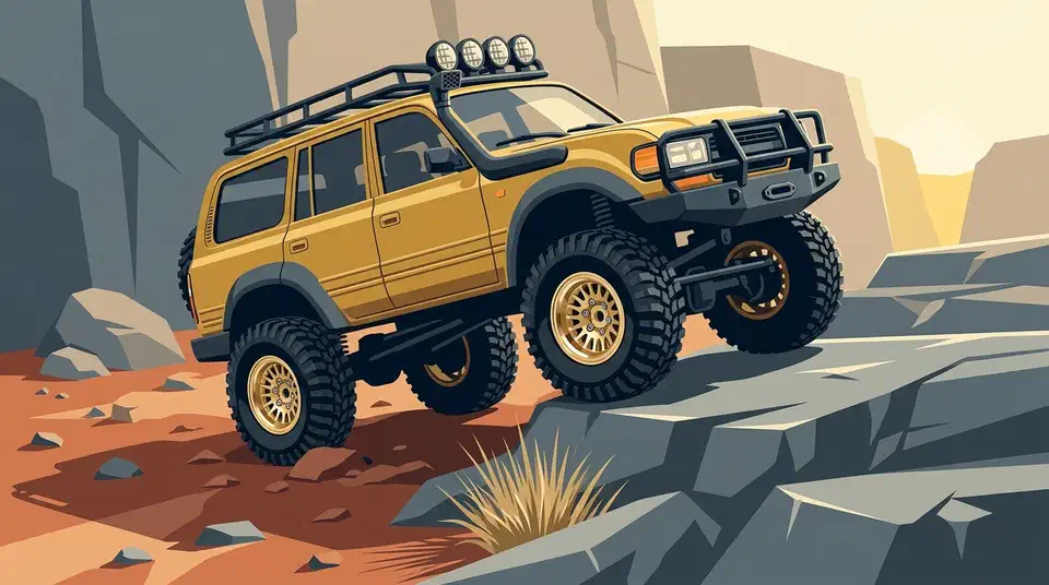 Gold FMS FCX18 Land Cruiser on brass beadlock wheels climbing a grey rock ledge above red scree