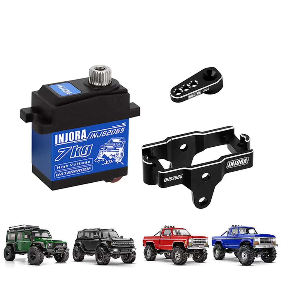 Blue INJORA INJS2065 7kg waterproof digital servo beside its aluminium servo horn and mounting bracket