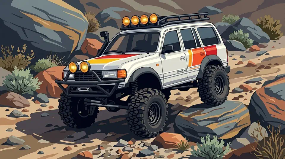FMS FCX18 LC80 tri-color RC crawler climbing a rocky trail on four knobby off-road tires, with roof rack and light bar