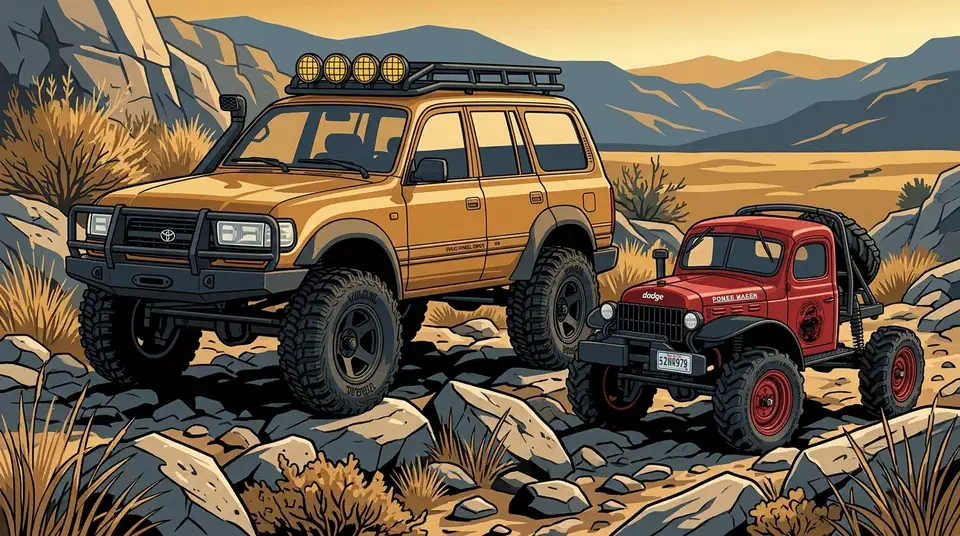Tan FCX18 Toyota Land Cruiser 80 crawler beside a smaller red FCX24 Dodge Power Wagon on a rocky desert trail