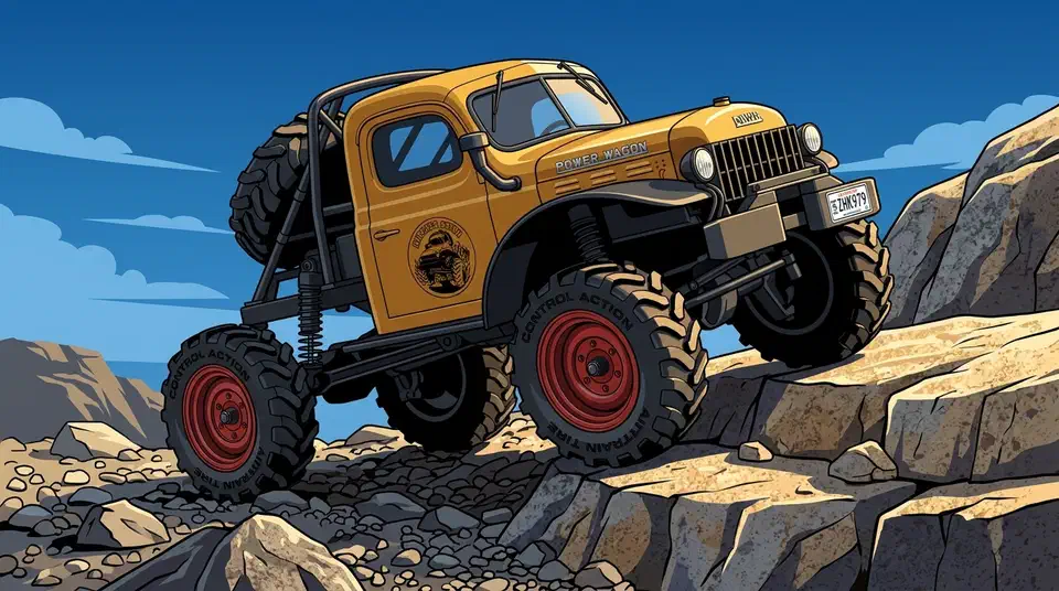 FMS FCX24 Power Wagon RC crawler with red beadlock wheels climbing a sunlit boulder on a rocky trail