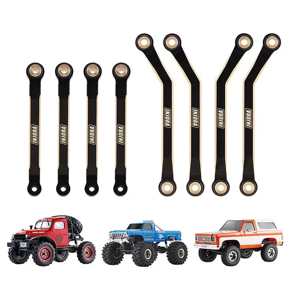 INJORA 8-piece brass high clearance chassis links set for the FCX24, black anodized with exposed brass, shown above three FCX24 crawler bodies