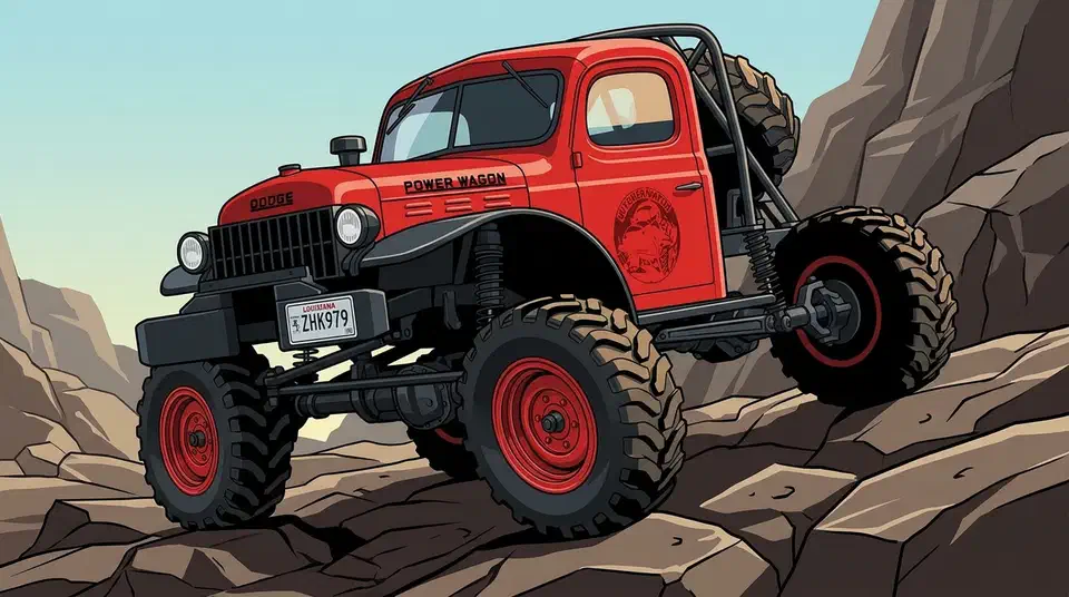 Red FMS FCX24 Power Wagon 1/24 RC crawler with red beadlock wheels climbing a rocky trail, portal axles visible