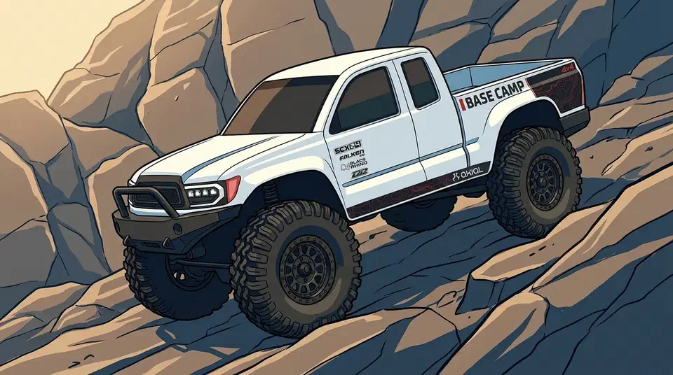 SCX24 1.0 tire inserts decide grip: dual-stage foam props the sidewall, soft single foam folds off-camber, and silicone keeps the tire round. White Axial SCX24 Base Camp micro rock crawler climbing an off-camber rocky slope with all four tires gripping the stone
