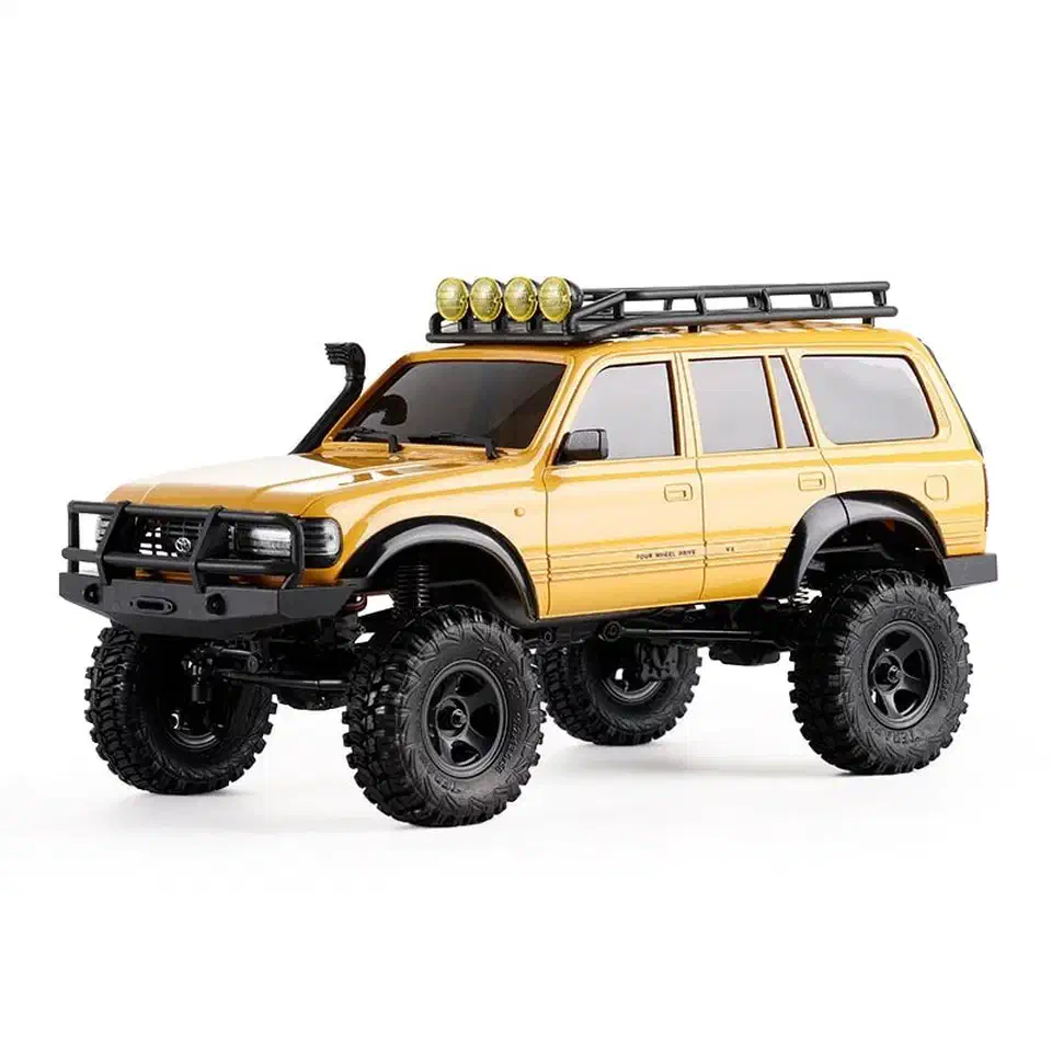 FMS FCX18 LC80 in yellow, side profile showing the roof rack light bar, snorkel, bull bar and raised portal axle ride height