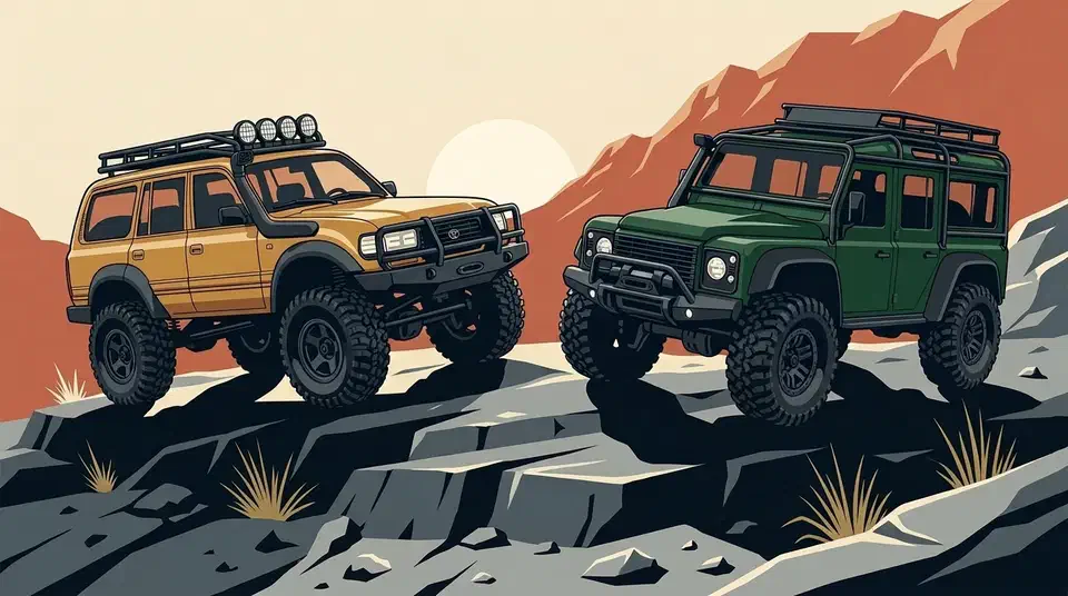 Gold FMS FCX18 Land Cruiser and green Traxxas TRX-4M Defender climbing a grey rock ledge at low sun
